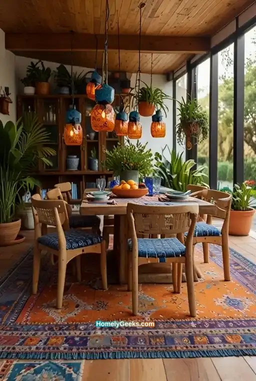 4. Vibrant Boho Dining with Tiled Table and Hanging String Lights