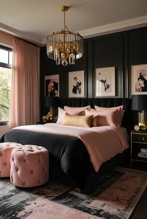 5. Elegant Pink and Black Bedroom with Gold Touches
