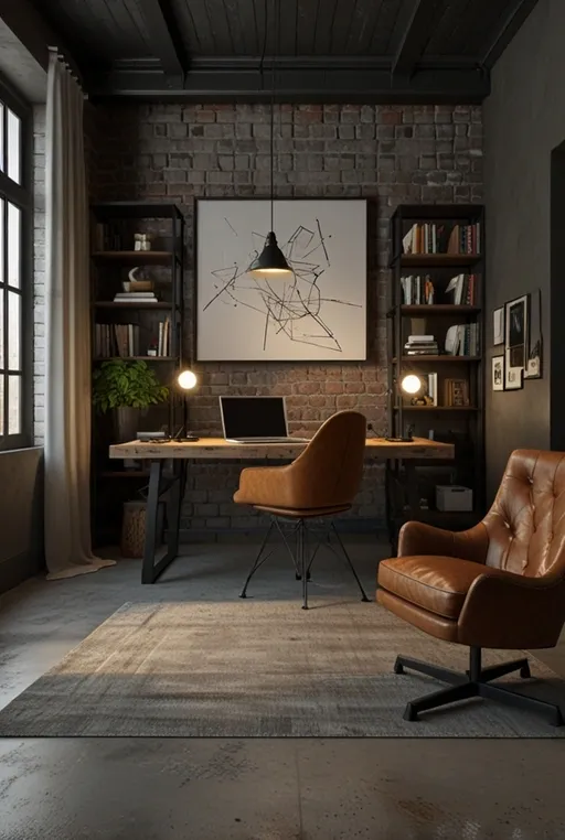 5. Industrial Home Office with Laptop and Exposed Brick