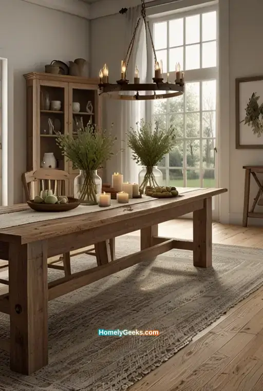 5. Long Weathered Wood Farmhouse Table with Bench Seating