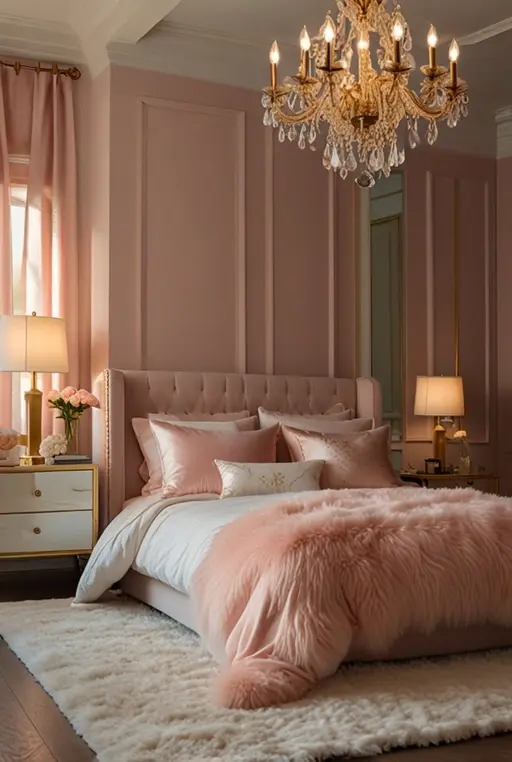 5. Playful Pink Bedroom with Gold Accents