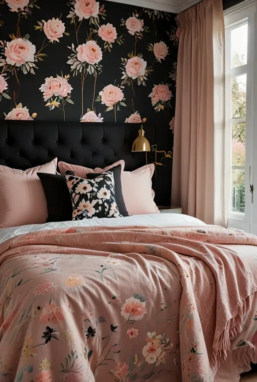 6. Cozy Black Bedroom with Pink Floral Wallpaper