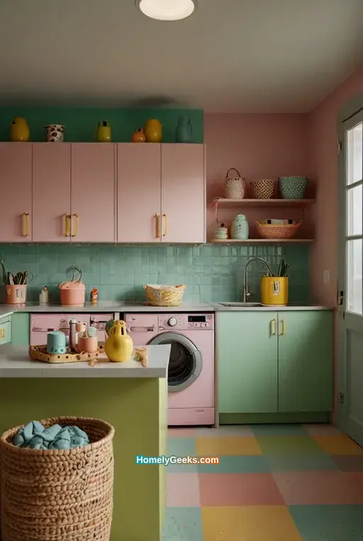 6. Laundry Room with Cartoonish Cabinets and Accessories
