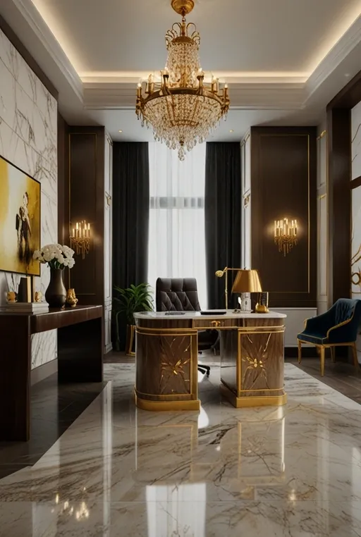 6. Luxurious Home Office with Desktop and Gold Accents