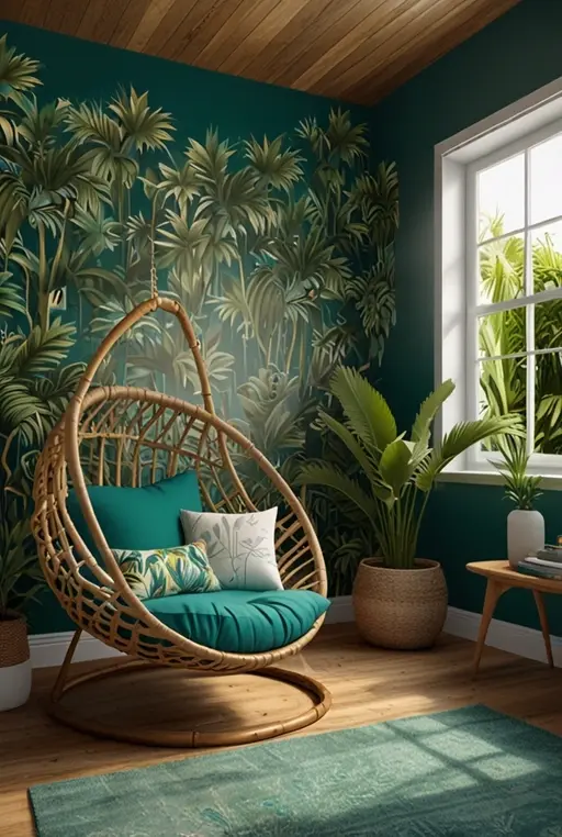6. Tropical-Inspired Bedroom with Bright Teal Accents