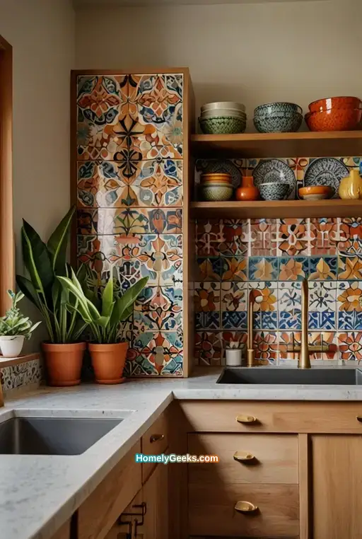 7. Colorful Boho Kitchen with Tile Backsplash