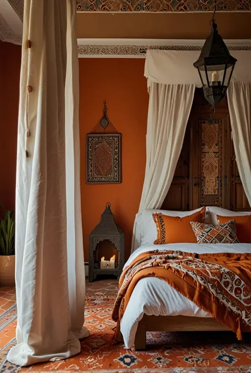 7. Cozy Orange Bedroom with Moroccan Decor