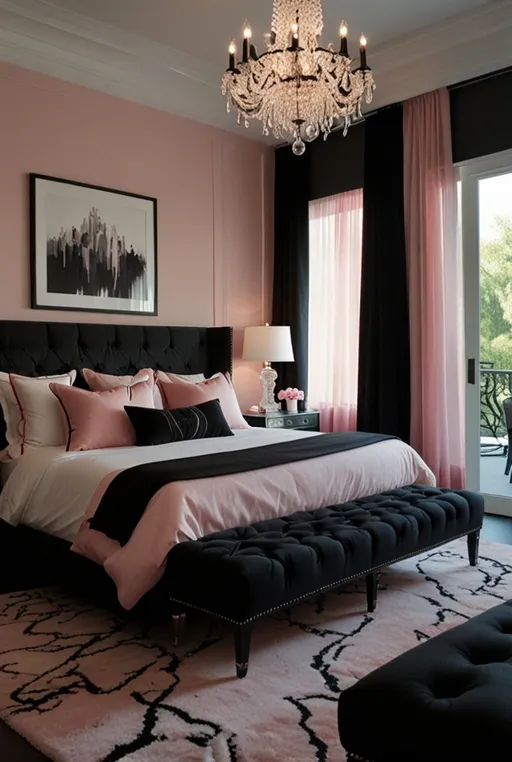 7. Glamorous Pink and Black Bedroom with Crystal Chandelier