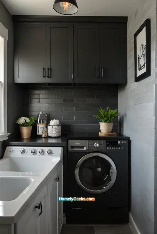 7. Grey and Black Laundry Room with Herringbone Tile Accent Wall