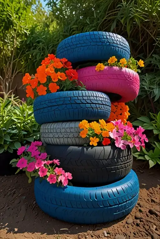 7. Recycled Tire Planters with Bright Flowers