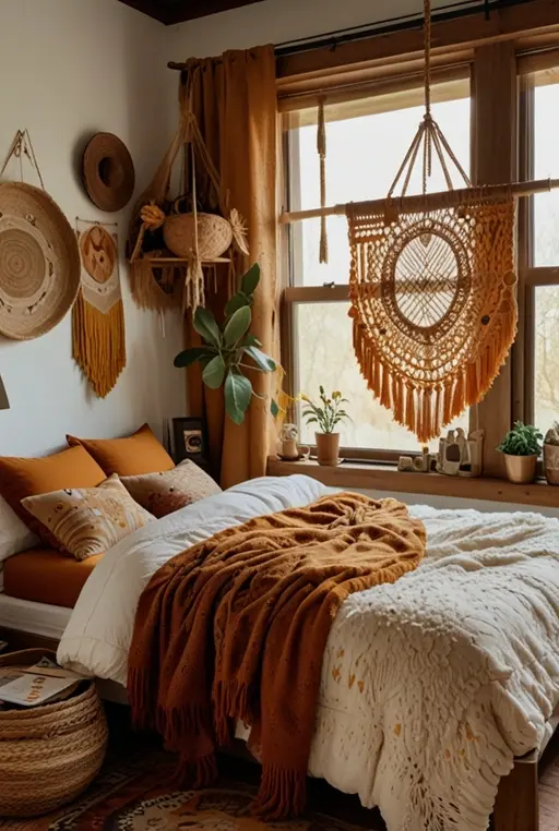 8. Boho Fall Bedroom with Warm Hues and Textures
