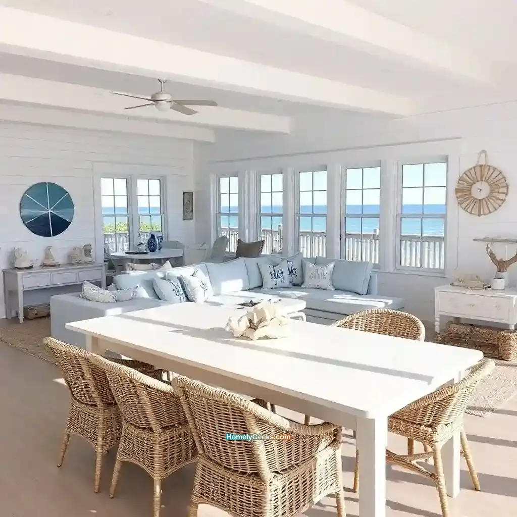 8. Coastal-Inspired Living and Dining Room with Nautical Themes