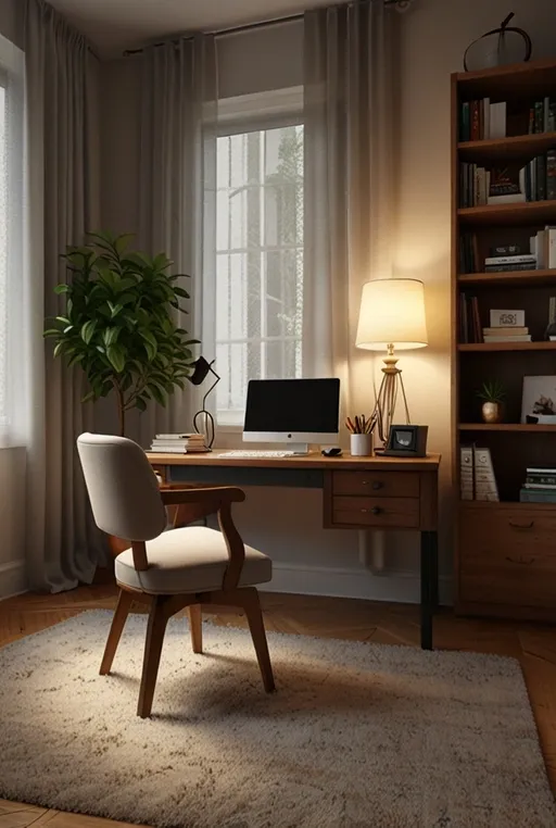 8. Cozy Home Office with Desktop and Comfortable Lounge Seating