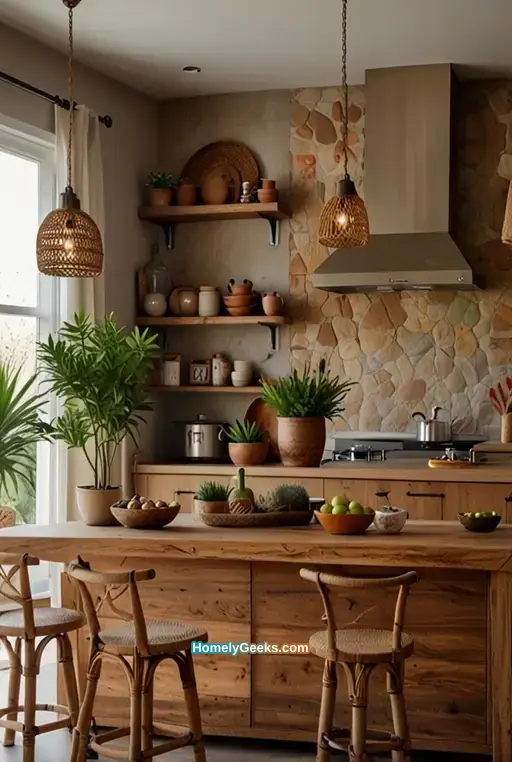 8. Earthy Tones Boho Kitchen with a Wooden Island