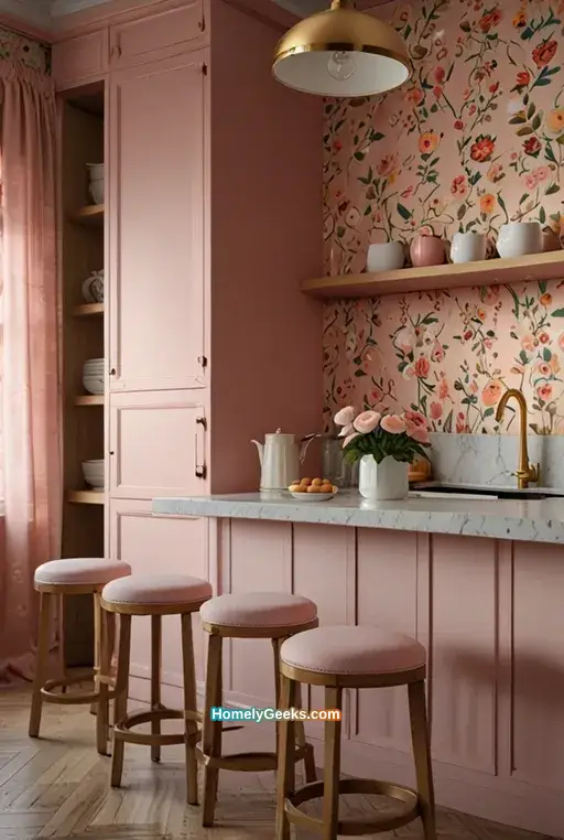 8. Feminine Pink and White Kitchen with Floral Touches