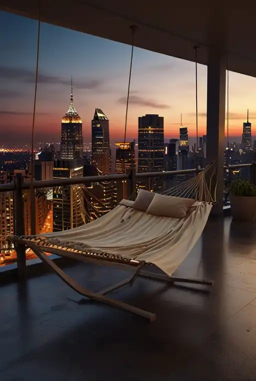 8. Hammock Suspended on a Balcony Overlooking a City Skylin