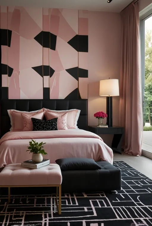 8. Modern Black Platform Bed with Pink Geometric Accents