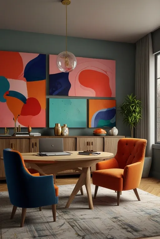 9. Artistic Home Office with Laptop and Sculptural Furniture