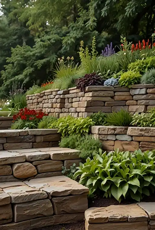 9. Natural Stone Retaining Wall with Elevated Garden Bed