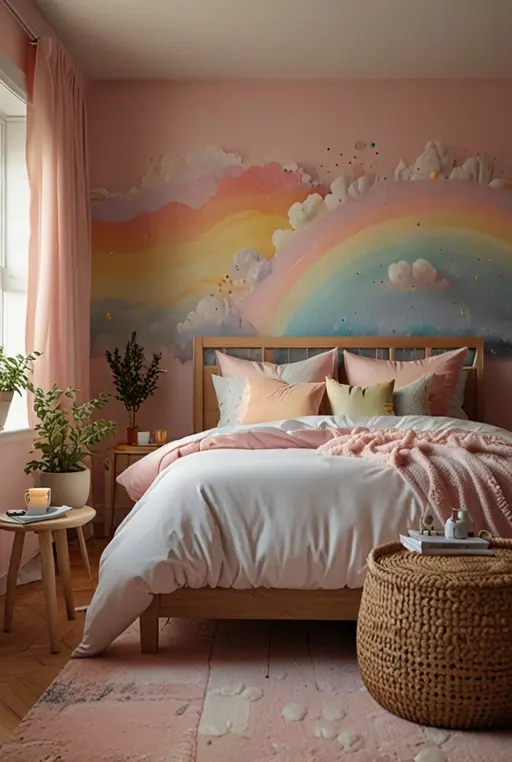 9. Pastel Rainbow Bedroom with Dreamy Decor