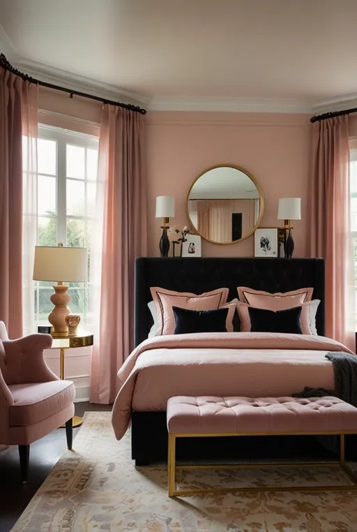 9. Soft Pink Walls with Black and Gold Accents